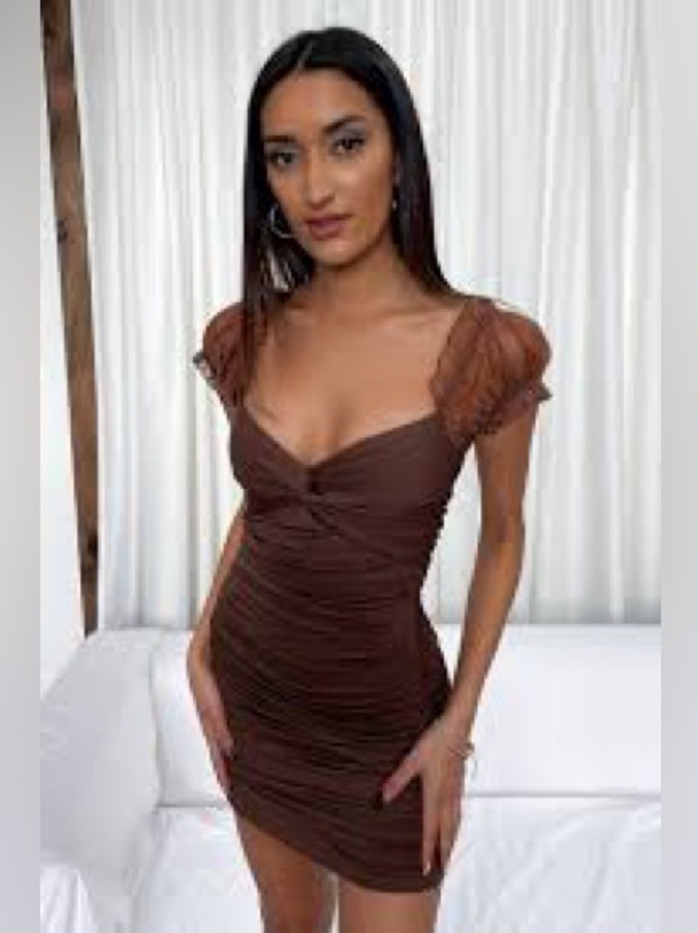 Thats so Fetch Brandon Dress Brown Bodycon ruffle mini Size 12 NWT